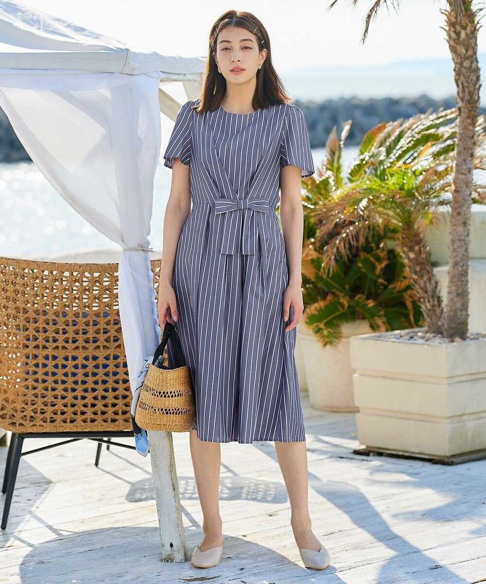 Tiaclasse 【洗える】ストライプアシンメトリーリボンワンピース 