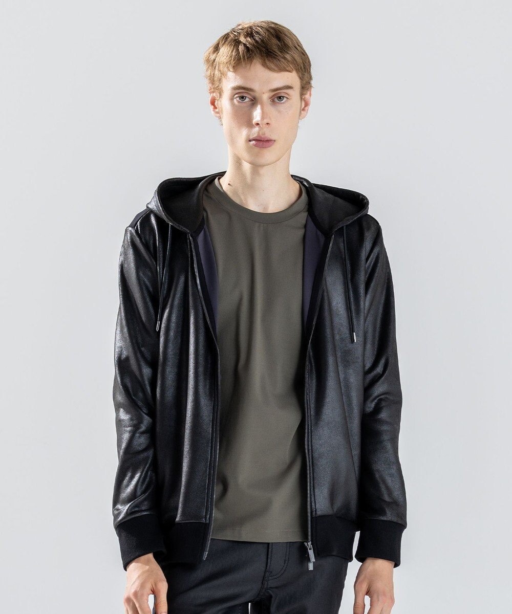 JOSEPH HOMME 新素材【ストレッチ/光沢感】レザーライクジャージーコンビ　フーディー 