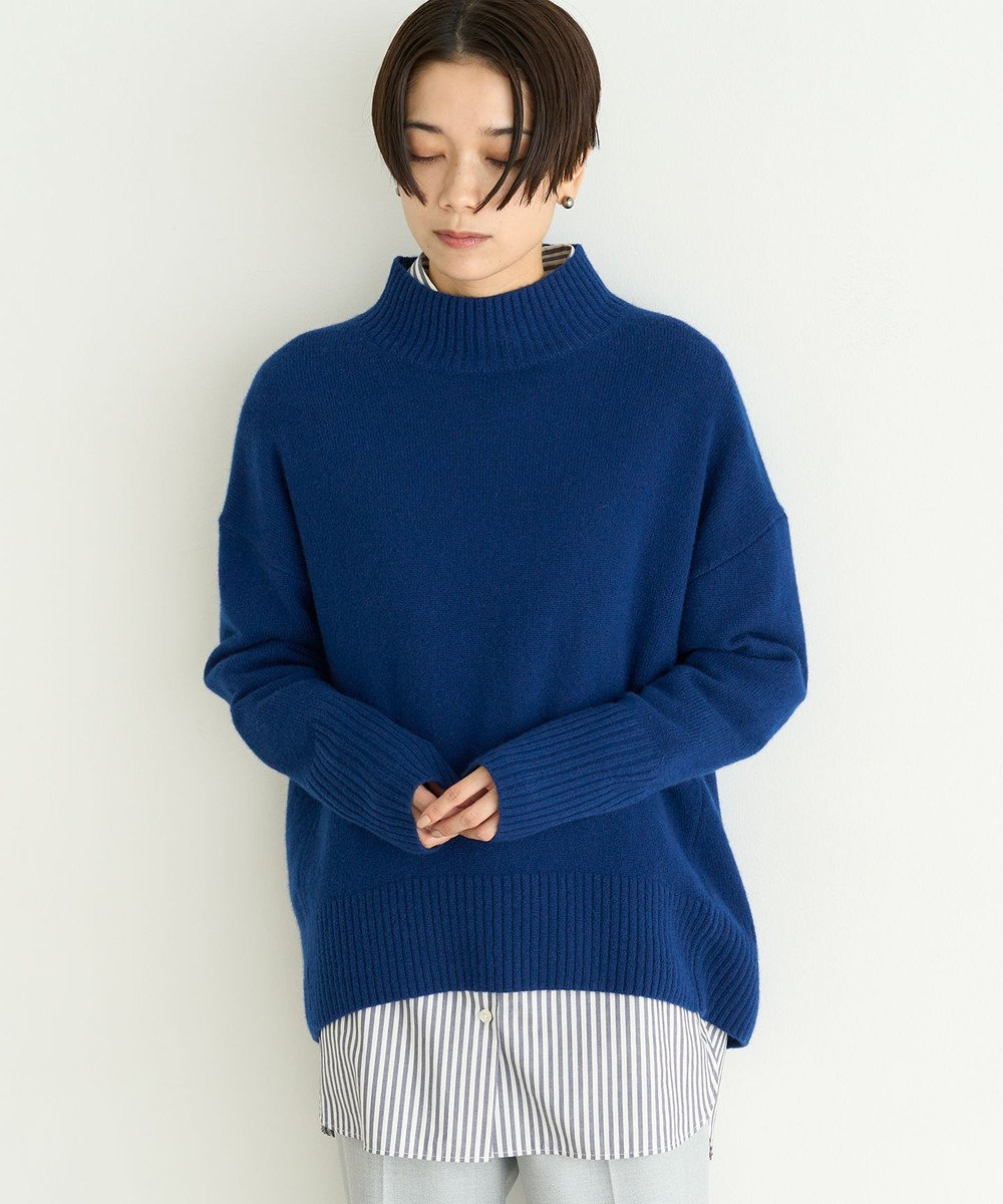 【カラー長袖セーター】 無地 青色 大きめな襟 ウール.アンゴラ 防寒セーター