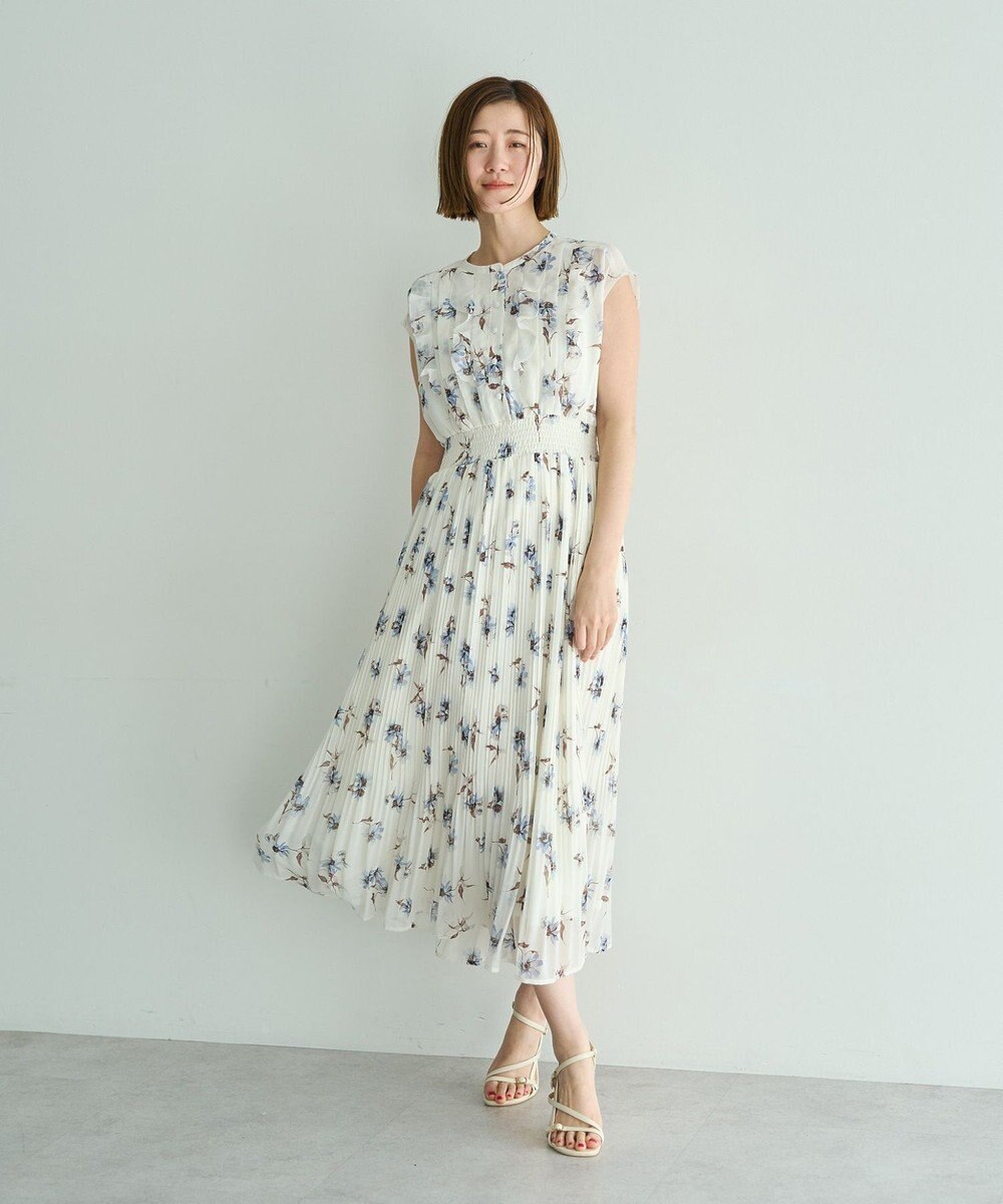 YECCA VECCA フラワー柄フリルプリーツワンピース 