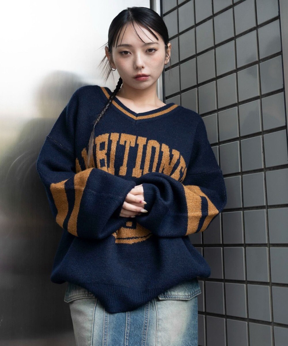 WEGO 【25年秋冬新作】フラッフィーVネックニットBIGプルオーバー 