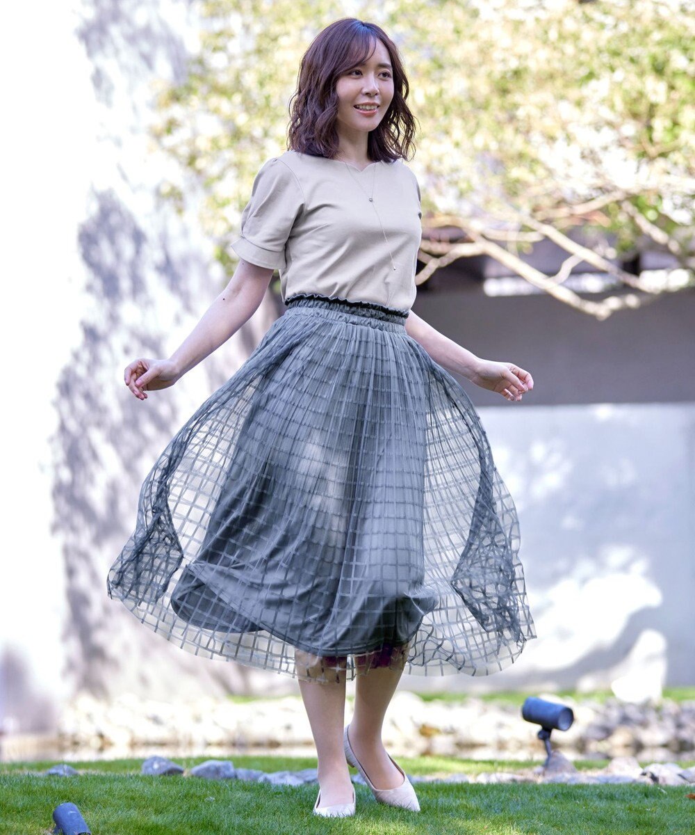 Tiaclasse 【洗える】チェック柄チュールレーススカート 