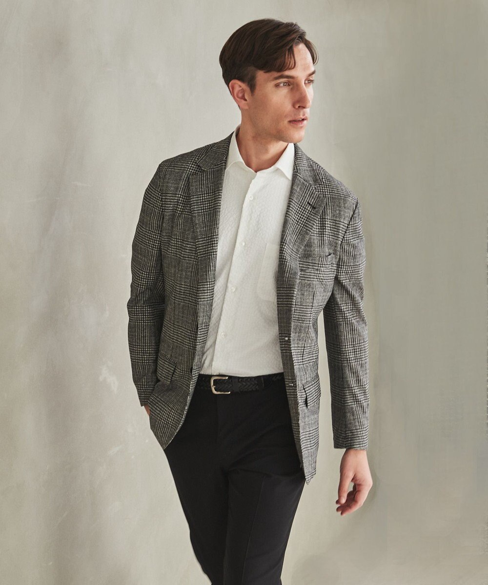 GOTAIRIKU 新柄【吸水速乾/ウォッシャブル】ノルマンディーリネン カーディガンジャケット＿グレンチェック柄 