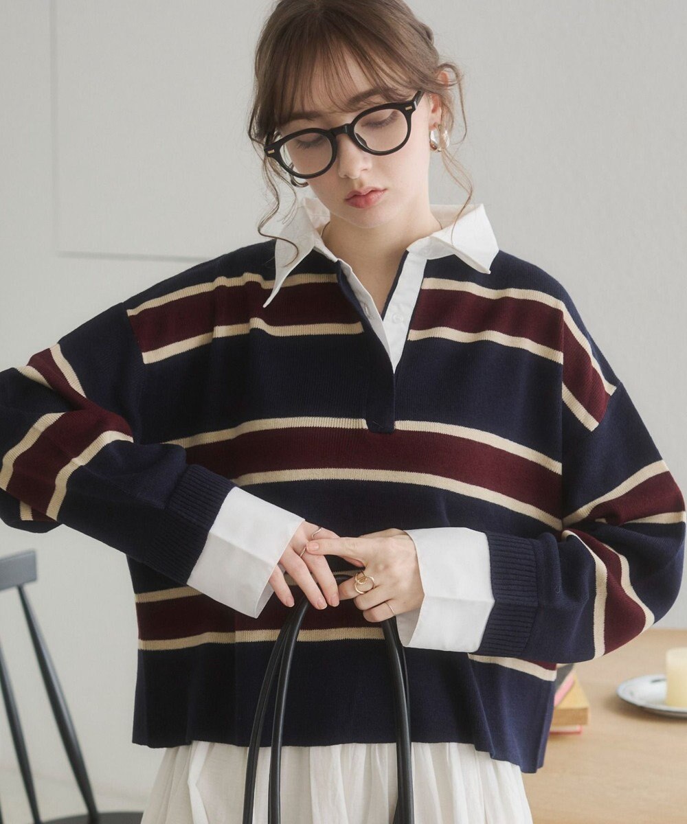 WEGO 【ANGIE VINTAGE】シャツ襟 ドッキング　フェイクレイヤード ニット トップス 