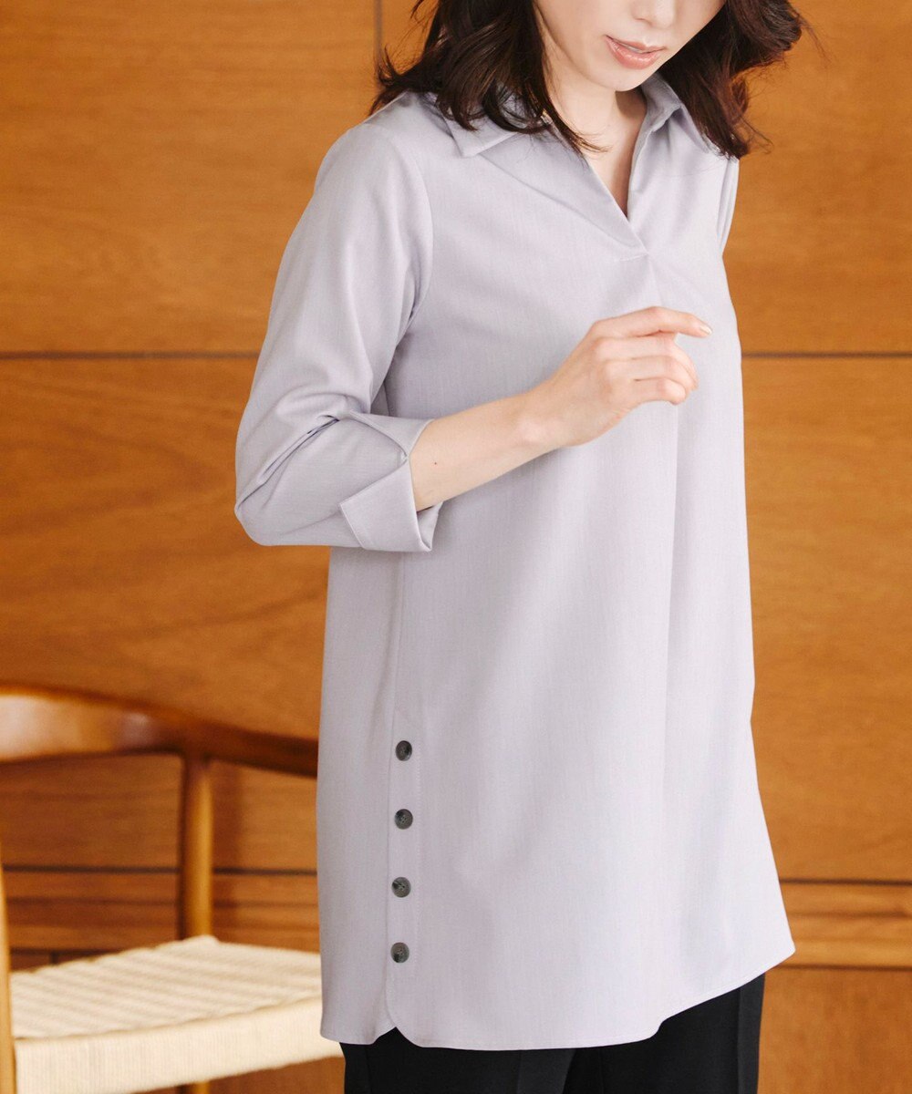 Tiaclasse 【洗える】サイドボタンシャツチュニックブラウス 