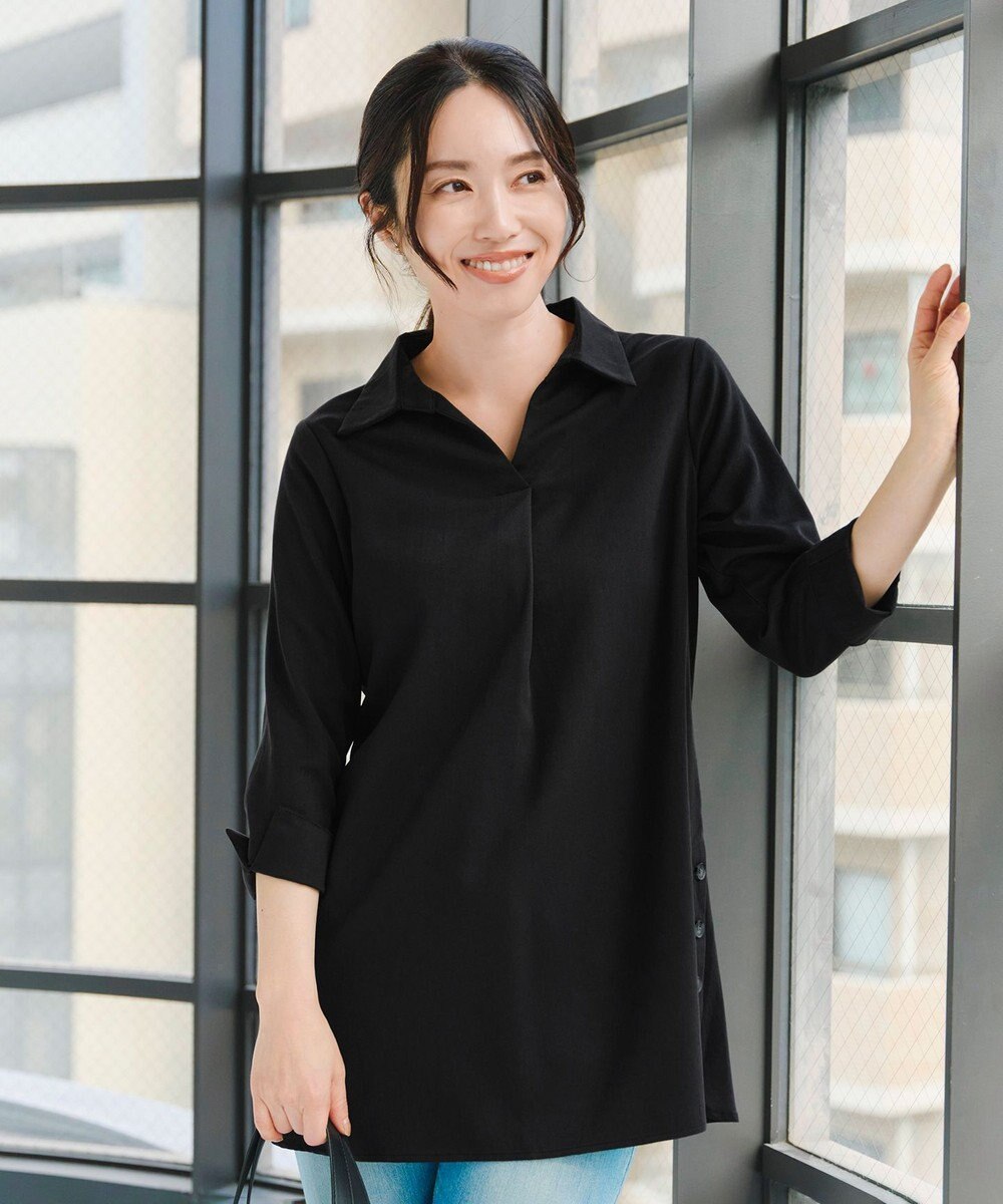 Tiaclasse 【洗える】サイドボタンシャツチュニックブラウス 