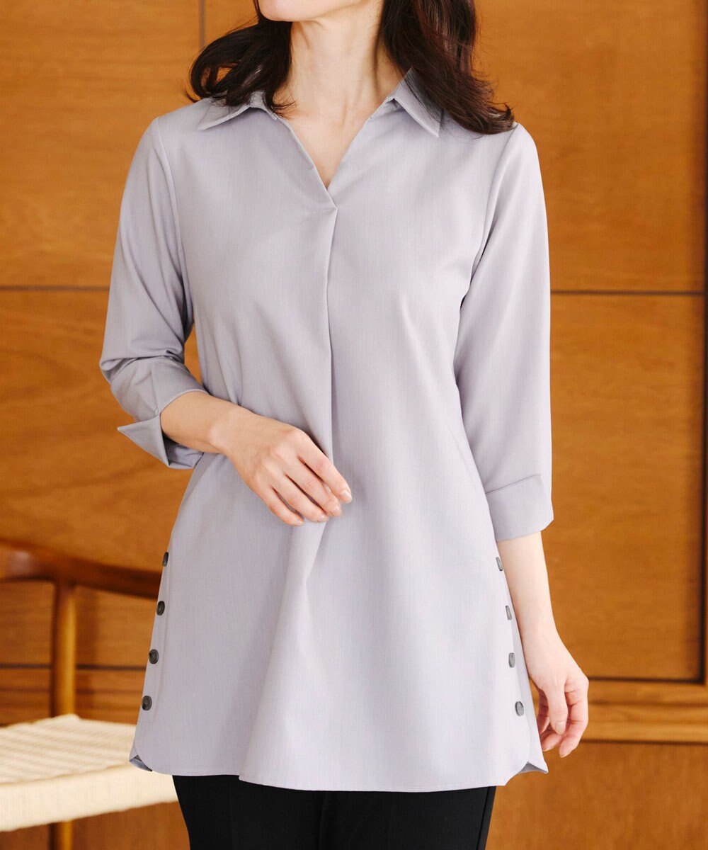 Tiaclasse 【洗える】サイドボタンシャツチュニックブラウス 
