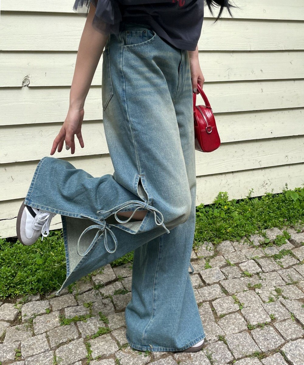 WEGO 【ウエストゴム/楽ちん】サマーデニムサイドリボンパンツ 