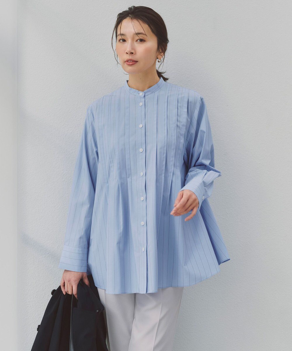 UNFILO バンドカラー タックブラウス 