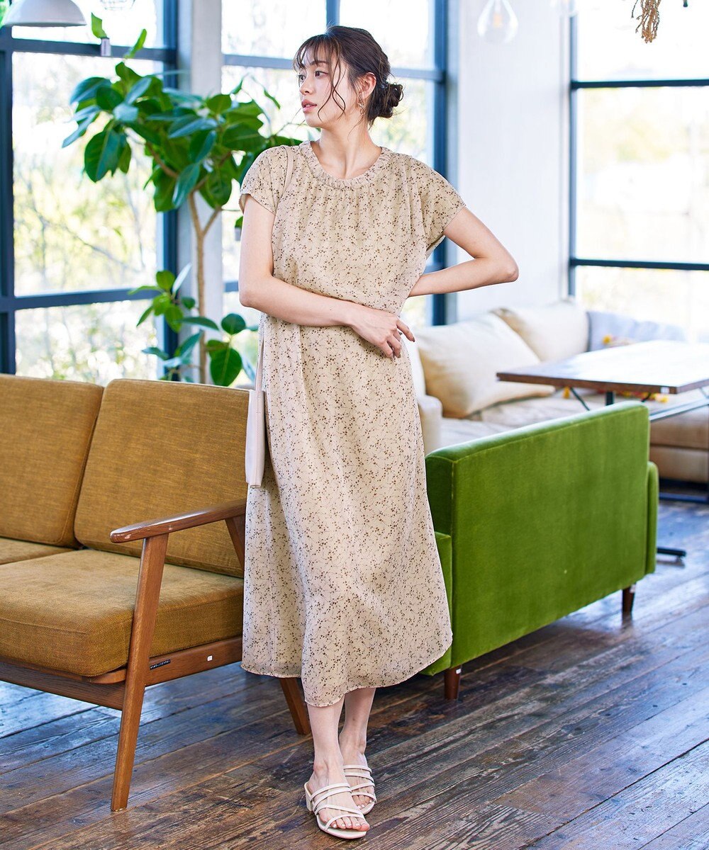 Tiaclasse L 【洗える】花柄シフォン衿ギャザーワンピース 