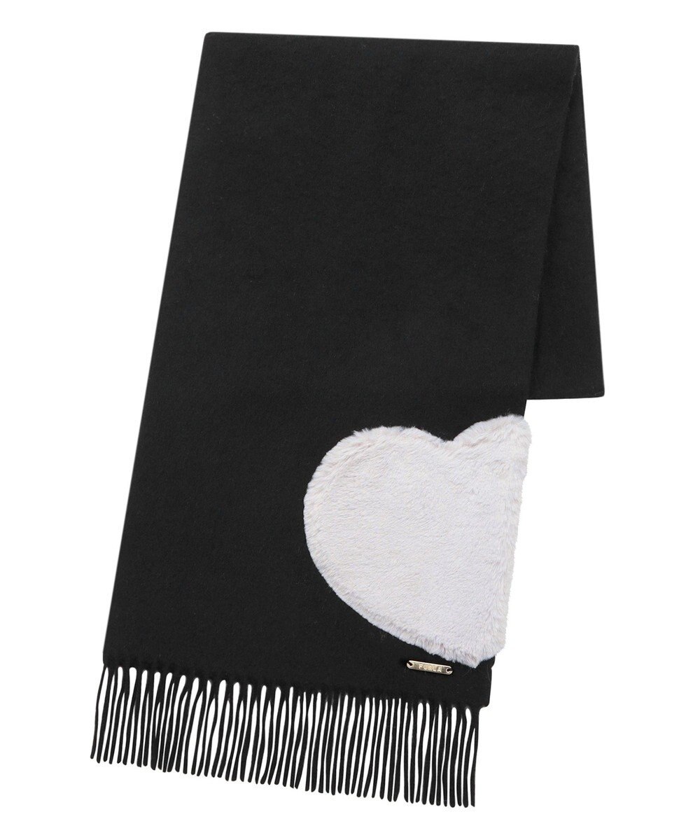 MOONBAT 【WEB限定】フルラ (FURLA)エコファー付きマフラー 無地×ハート　ウールマフラー ロゴプレート付き 