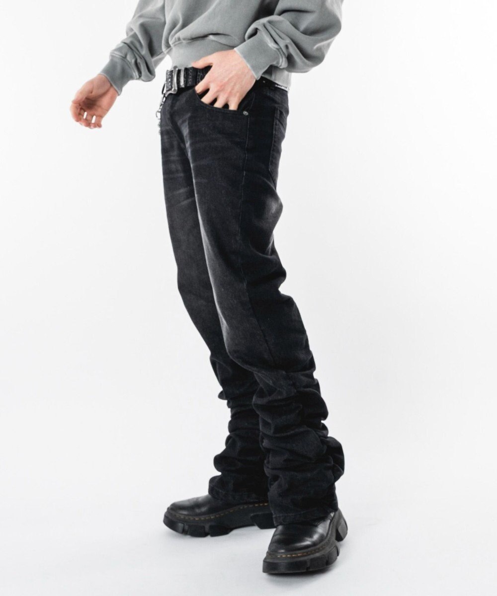 WEGO 【ユニセックス着用ITEM】シャーリングフレアデニムスキニーパンツ 