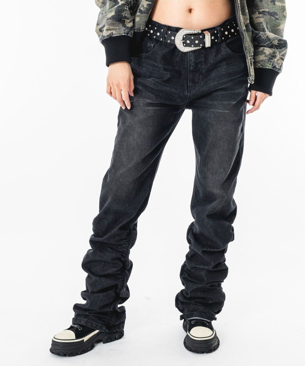 WEGO 【ユニセックス着用ITEM】シャーリングフレアデニムスキニーパンツ 