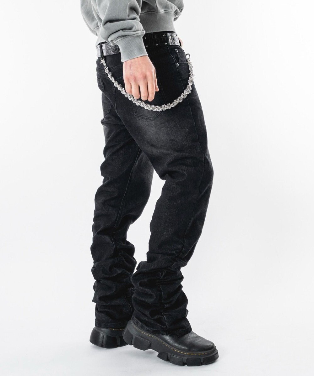 WEGO 【ユニセックス着用ITEM】シャーリングフレアデニムスキニーパンツ 