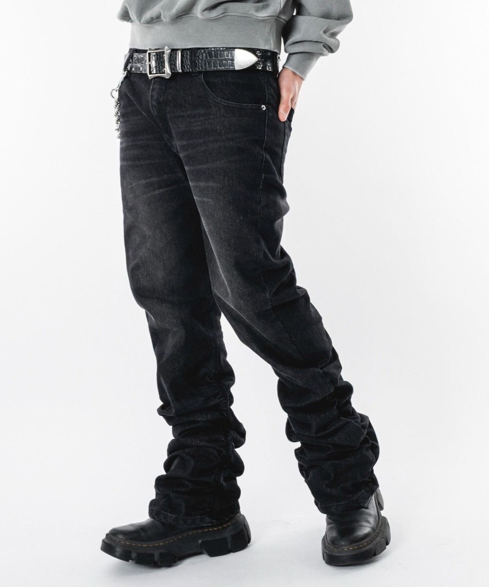 WEGO 【ユニセックス着用ITEM】シャーリングフレアデニムスキニーパンツ 