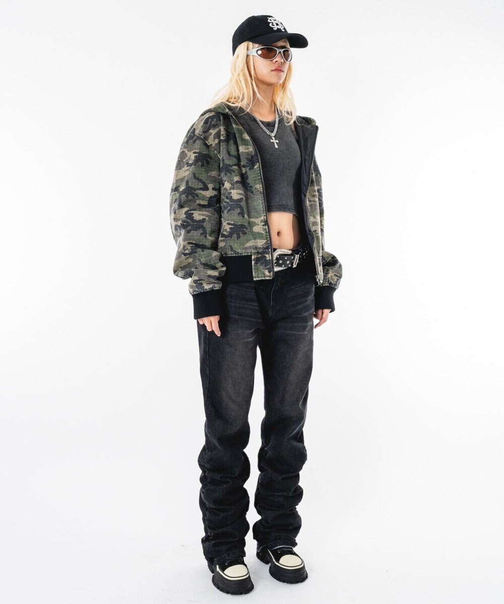 WEGO 【ユニセックス着用ITEM】シャーリングフレアデニムスキニーパンツ 