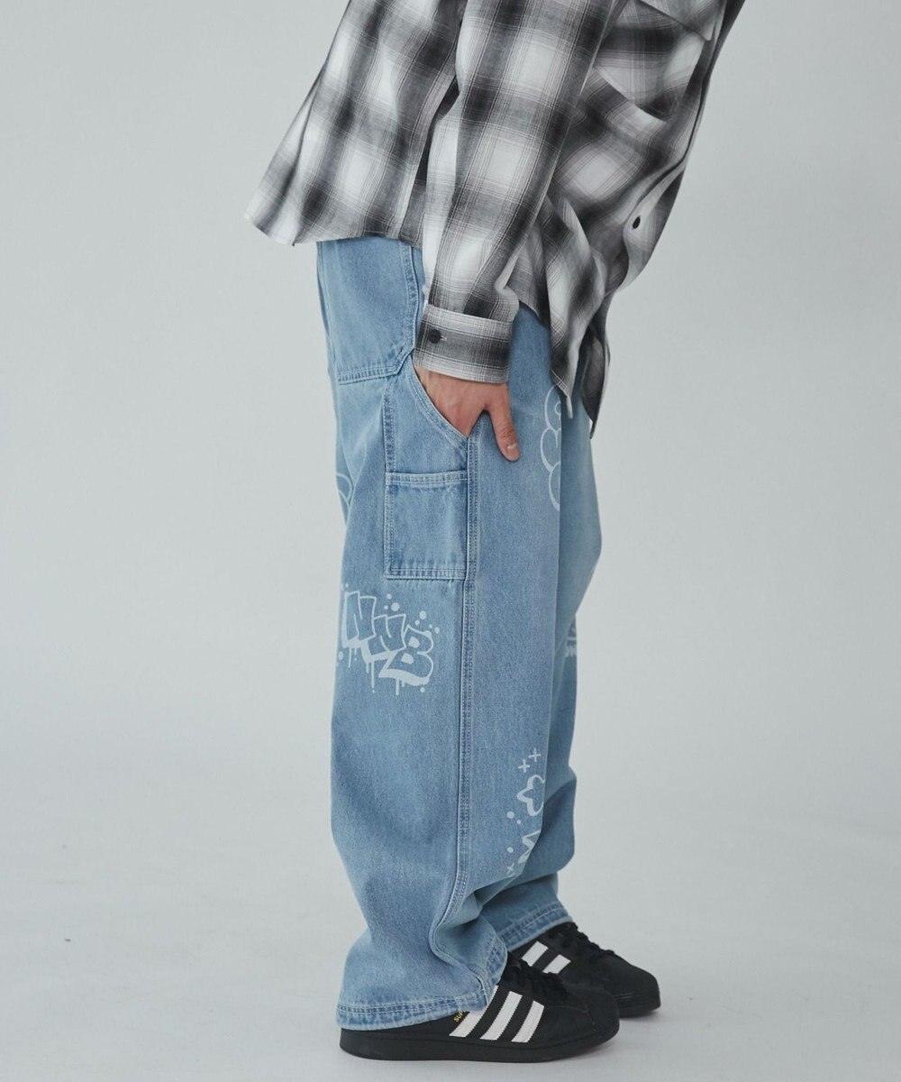 WEGO 【ウエスト紐で調整】イージーペインターグラフィックデニムパンツ 