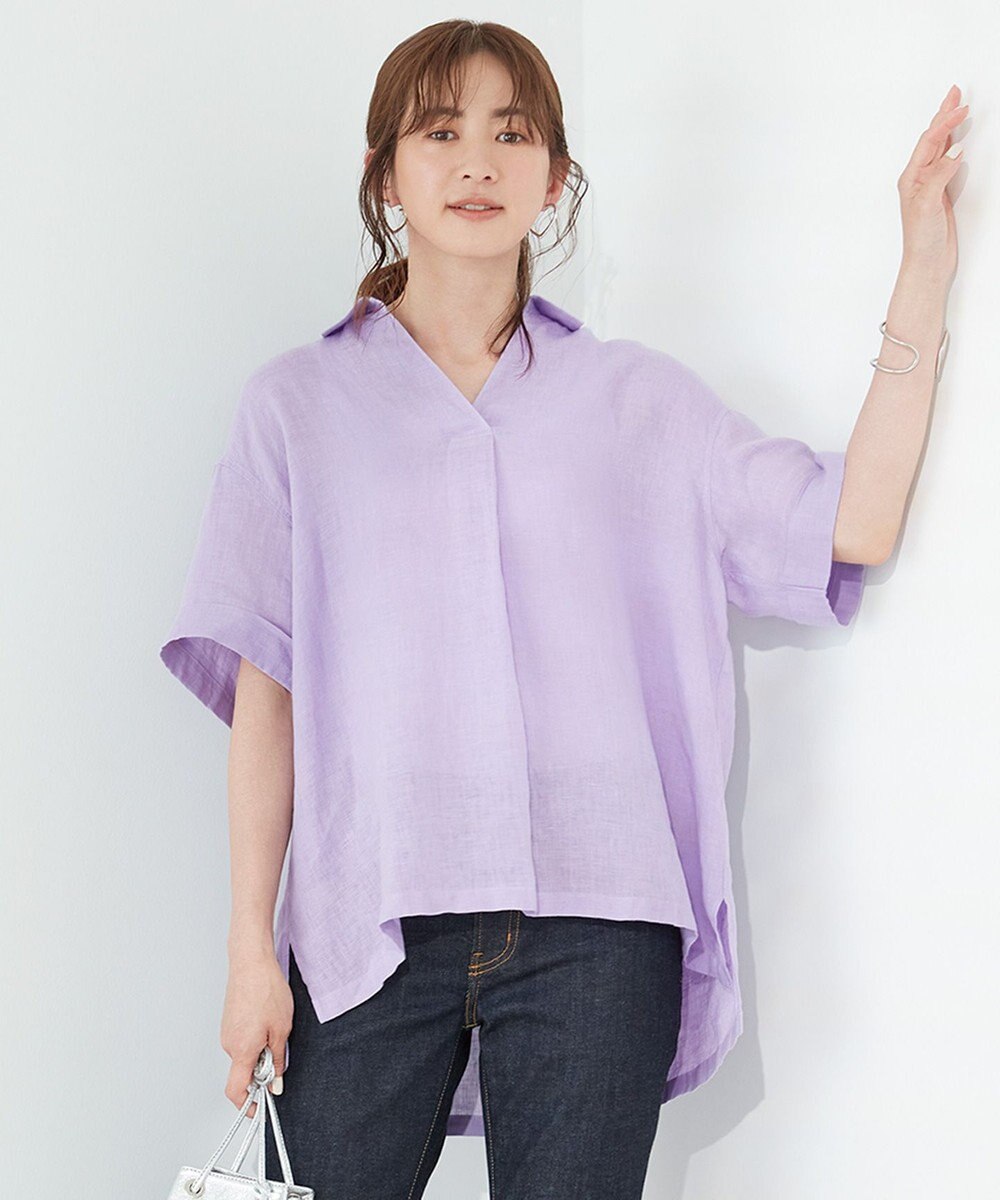 美品23区ストライプ柄オーバーサイズシャツブラウス38紫白2wayカシュクール
