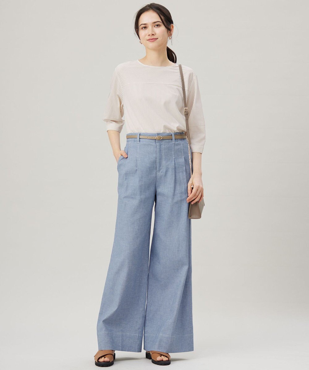 自由区 【洗える】コットンリネンシャンブレーワイドストレート パンツ 