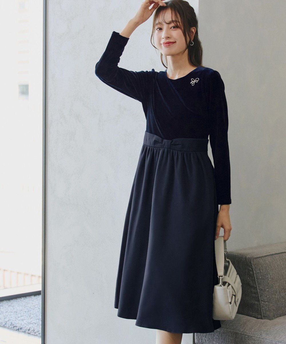 Tiaclasse 【洗える】ベロア異素材ドッキングワンピース 