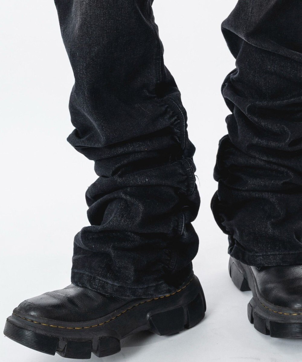 WEGO 【ユニセックス着用ITEM】シャーリングフレアデニムスキニーパンツ 