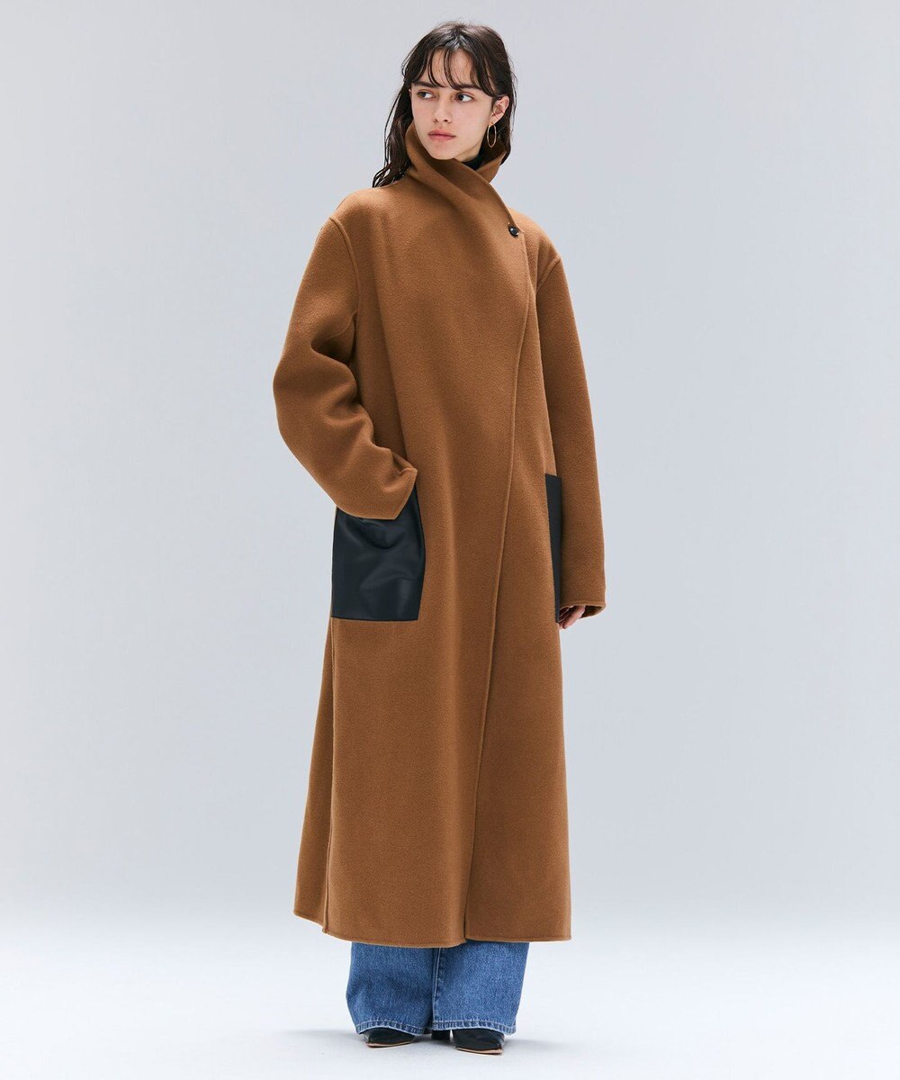 BEIGE， LEMOORE / ウールリバーフェイクレザーポケット付きコート 