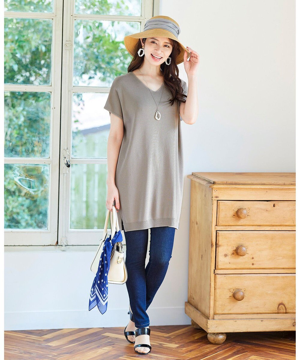 Tiaclasse L 【洗える】さらりと肌離れの良いフレンチスリーブニットチュニック 