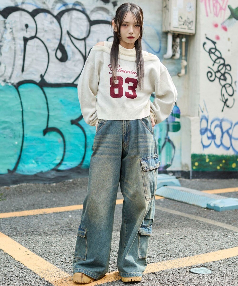 WEGO オープンショルダーナンバリングニット 