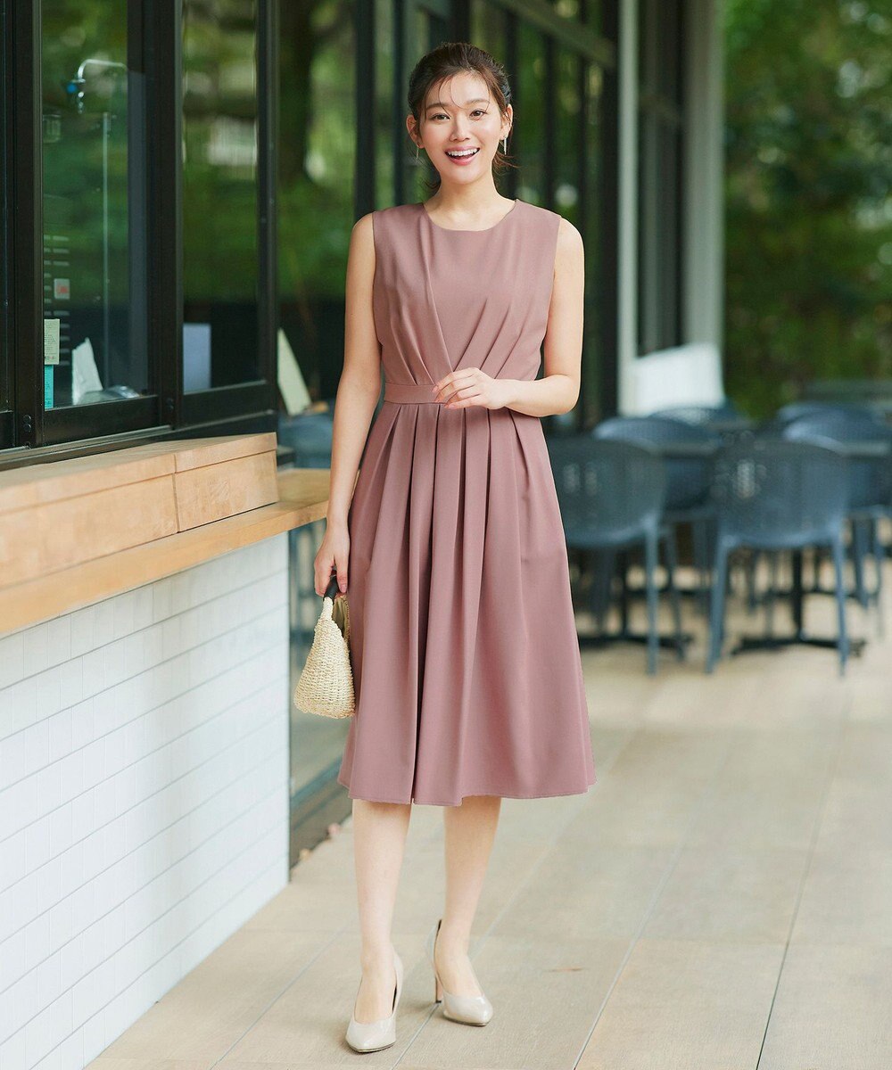 Tiaclasse L 【2TYPEスリーブ/半袖・ノースリーブ・洗える】タックフレアワンピース 