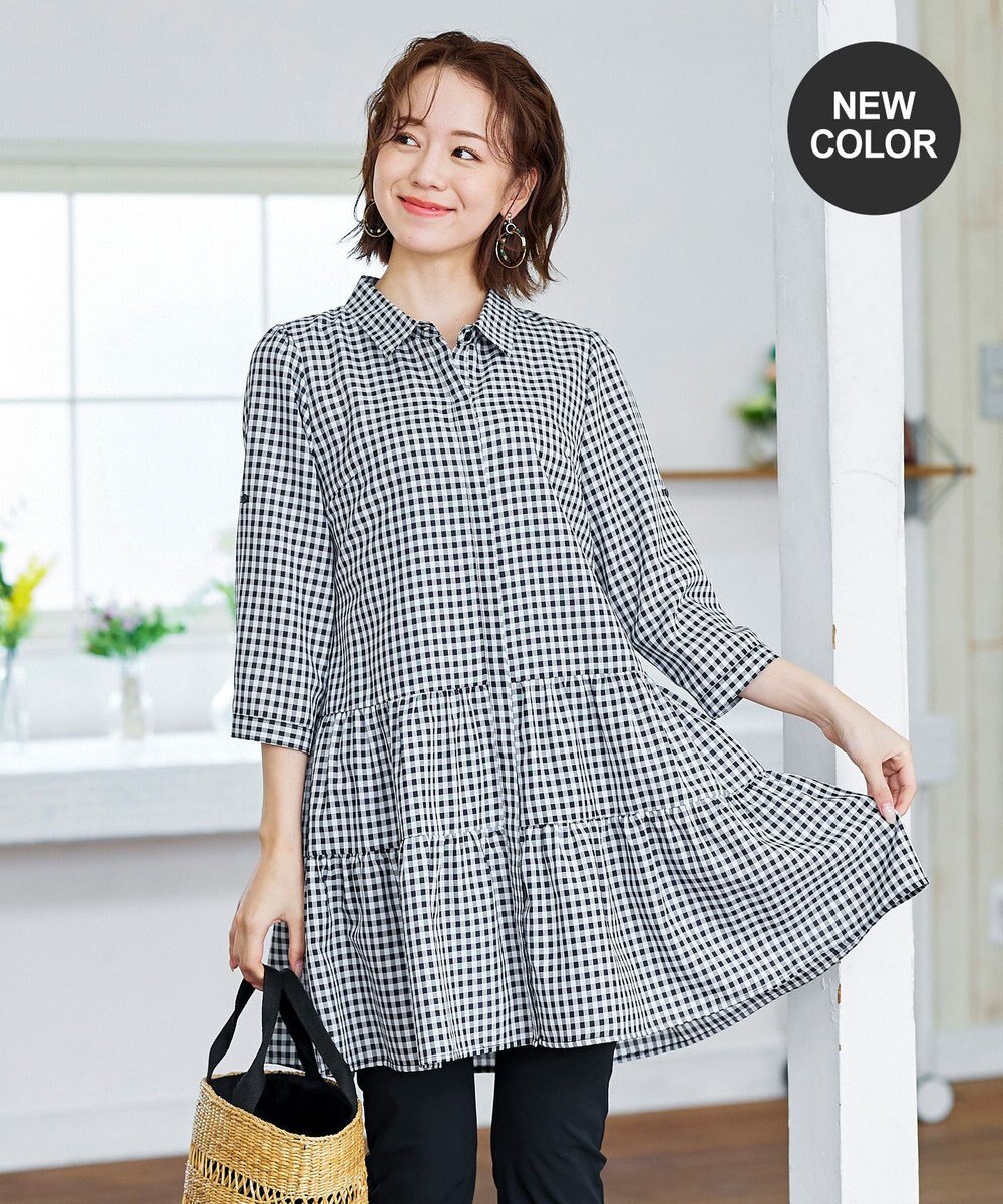 Tiaclasse L 【洗える】1枚で大人華やぐ2段ティアードシャツチュニック 