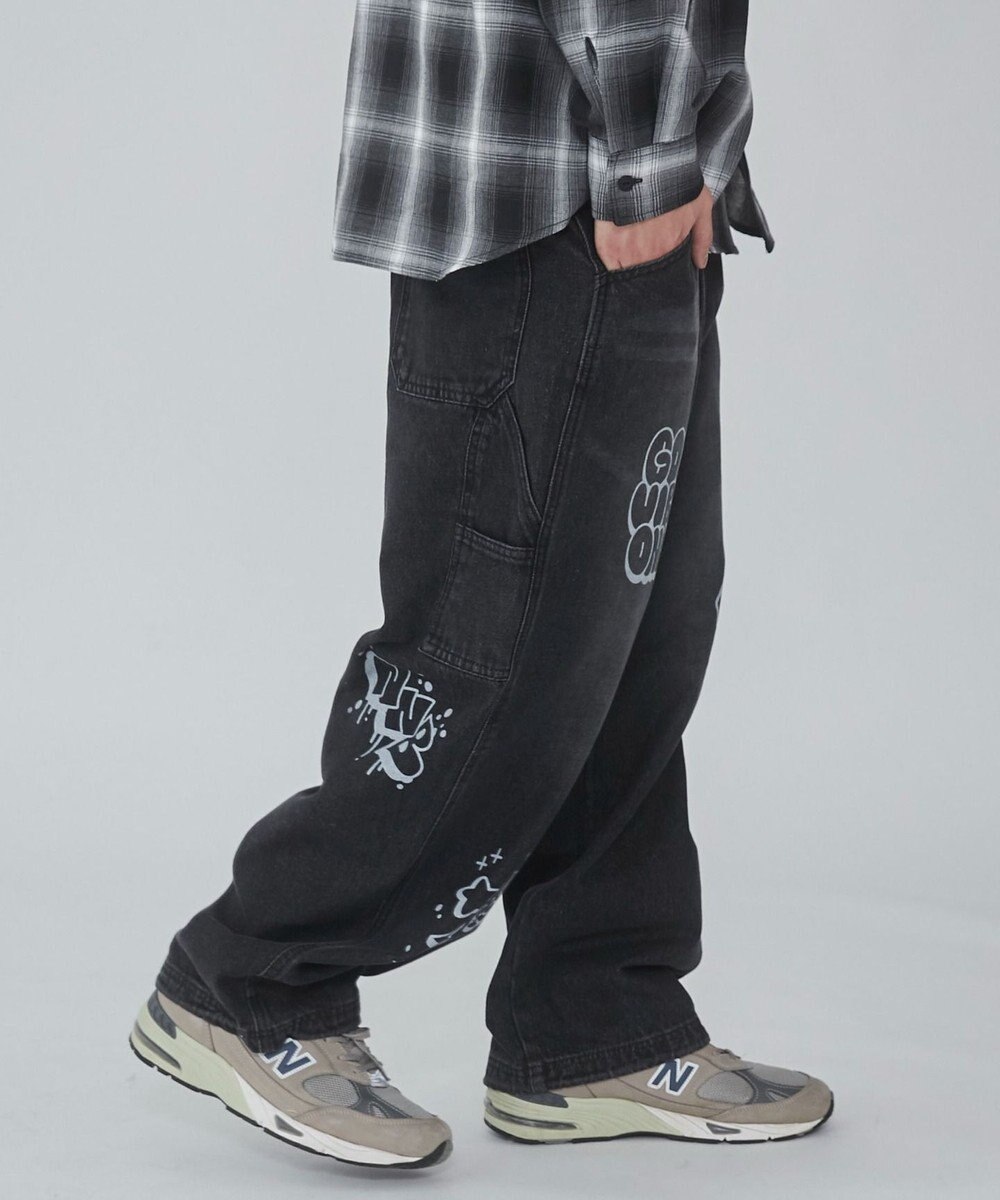 WEGO 【ウエスト紐で調整】イージーペインターグラフィックデニムパンツ 