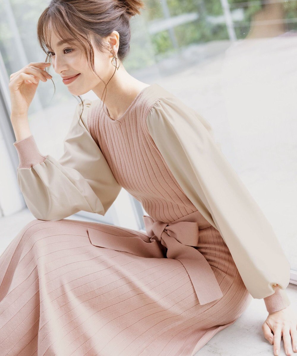 Tiaclasse 【洗える】パフ袖ニットコンビワンピース 