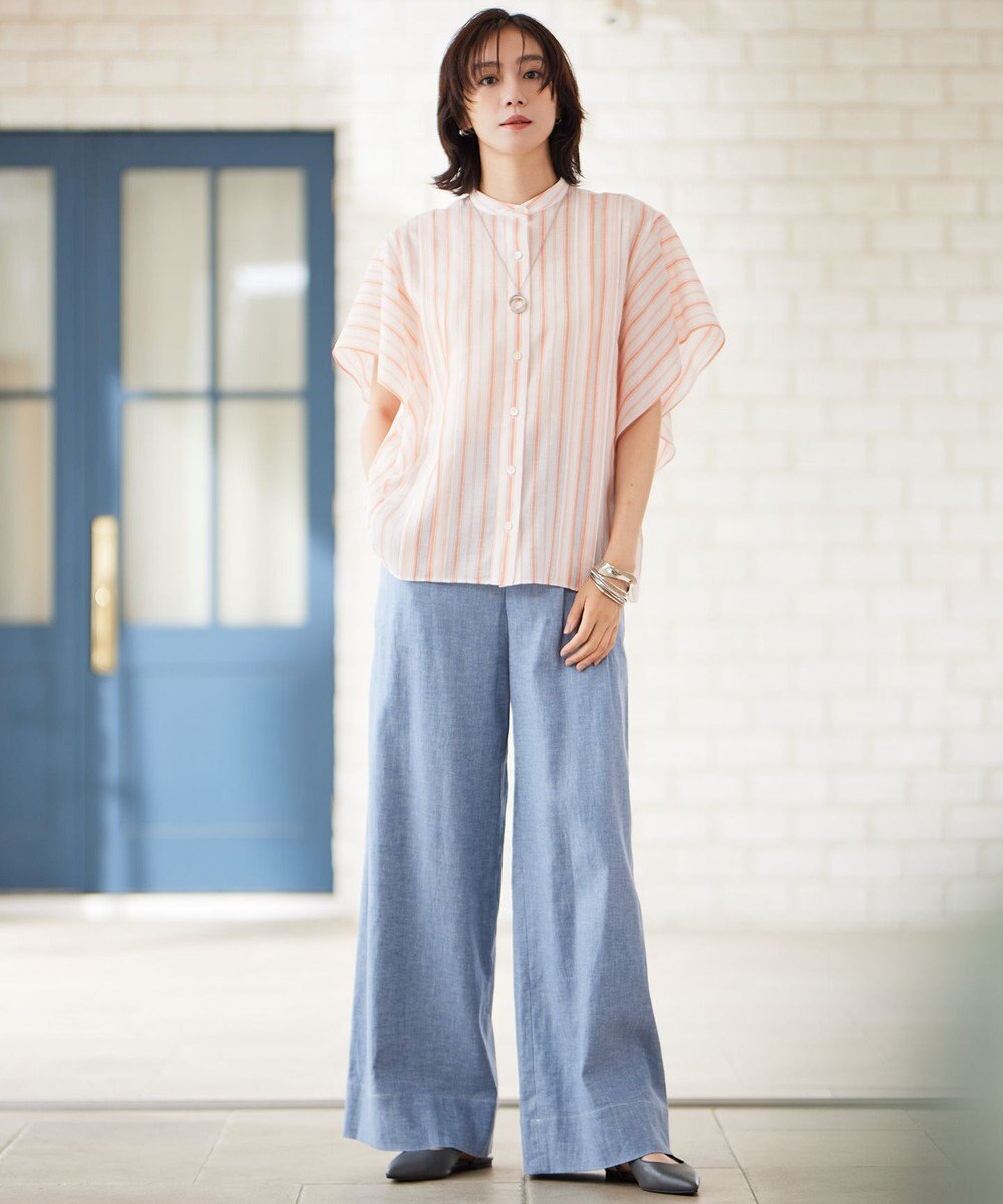 自由区 L 【接触冷感・吸水速乾・洗える】ナチュラルリネンフレア袖 シャツ 