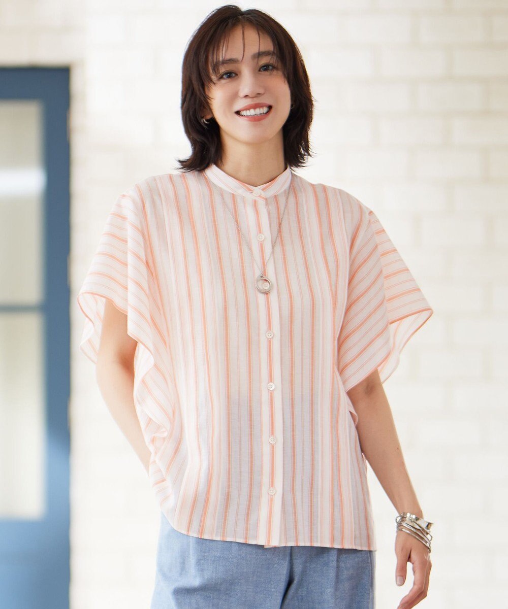 自由区 L 【接触冷感・吸水速乾・洗える】ナチュラルリネンフレア袖 シャツ 