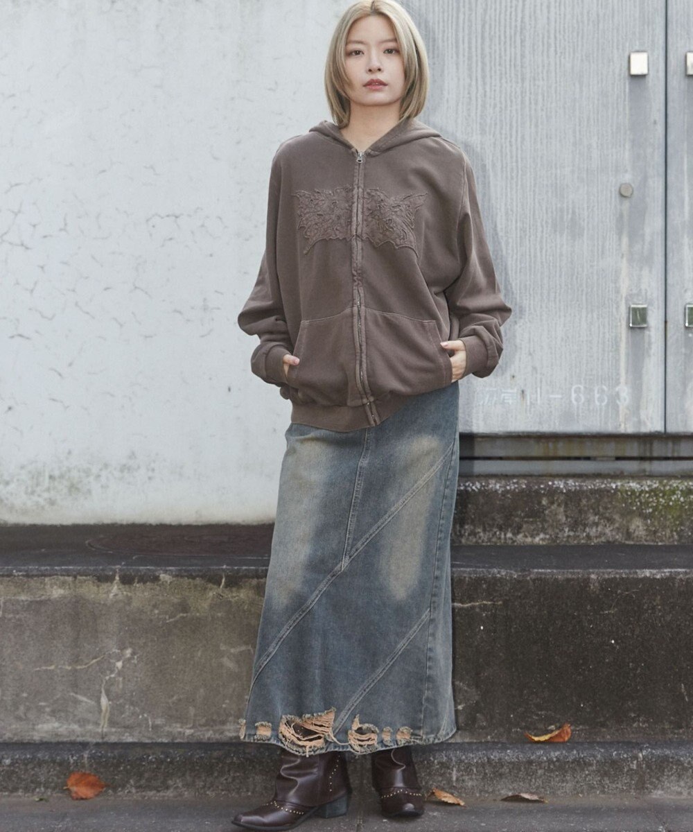 WEGO 【ユニセックス着用ITEM】ピグメントダメージアップリケZIPパーカー 