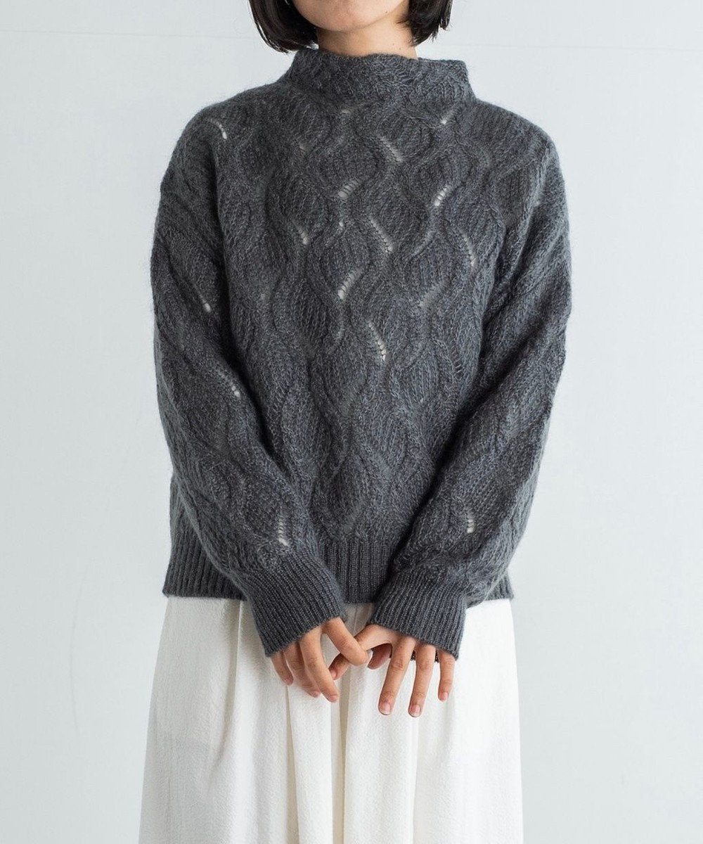 〈うっとり柔らか高品質モヘアシルク〉ケーブル模様編みセーター, グレー, 02