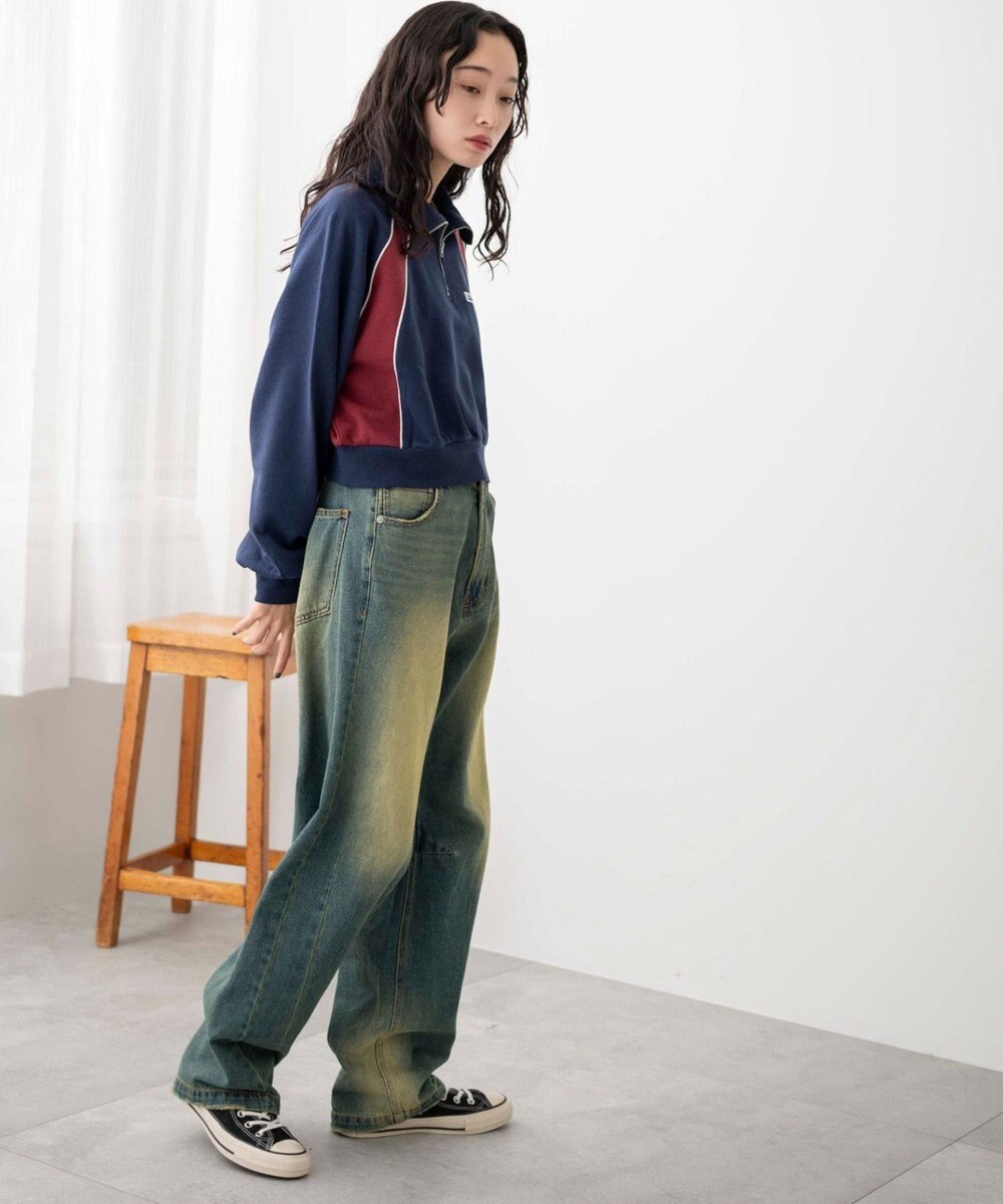 WEGO パイピング切替ショートハーフZIPスウェット 