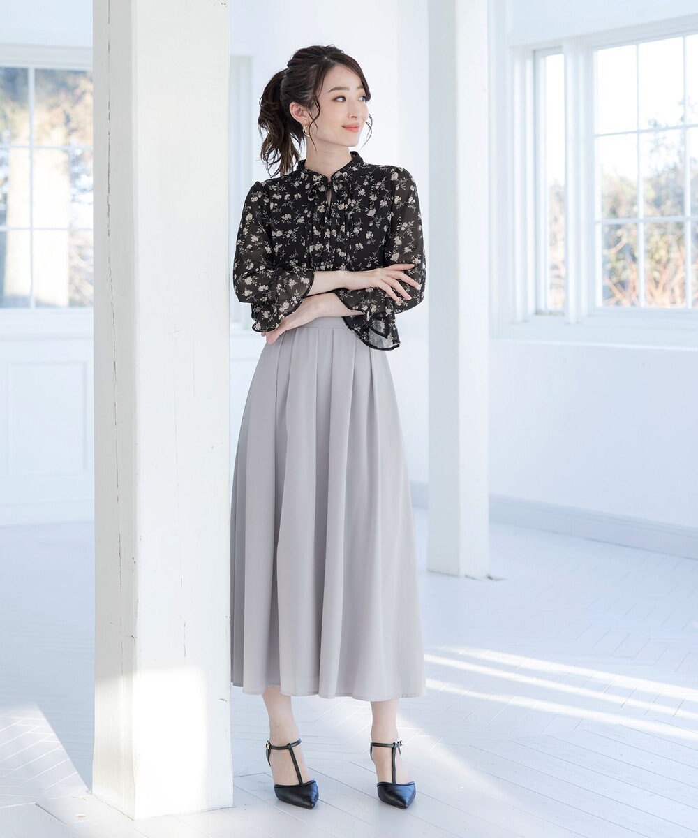 Tiaclasse 【新色追加・洗える】フレアスリーブ花柄リボンブラウス 