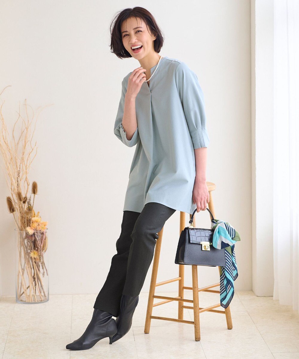 自由区 S 【UVカット・吸水速乾・洗える】ツイストプレーンバンドカラーチュニック丈 カットソー 