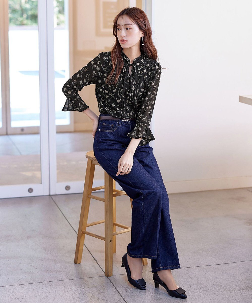 Tiaclasse 【新色追加・洗える】フレアスリーブ花柄リボンブラウス 