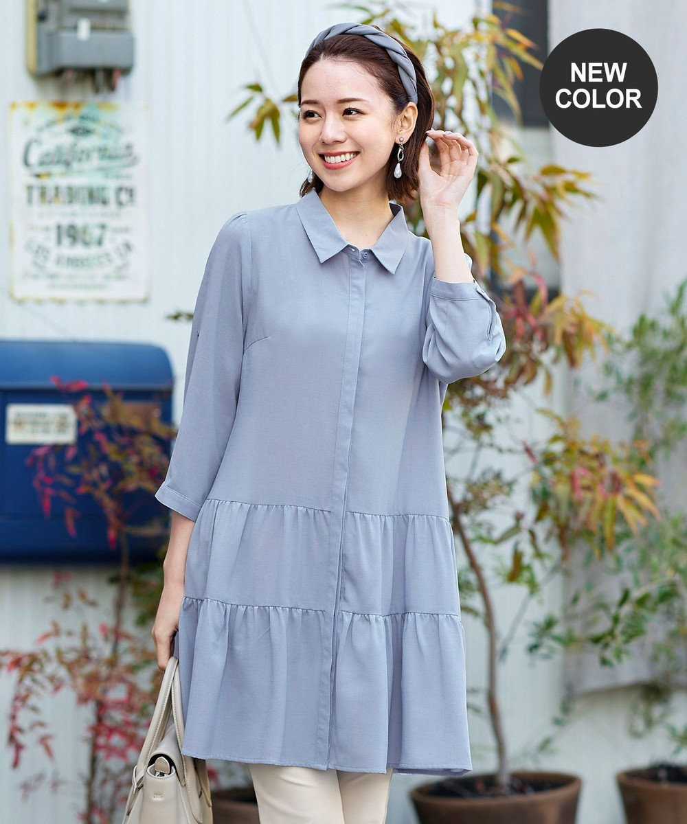 Tiaclasse L 【洗える】1枚で大人華やぐ2段ティアードシャツチュニック 