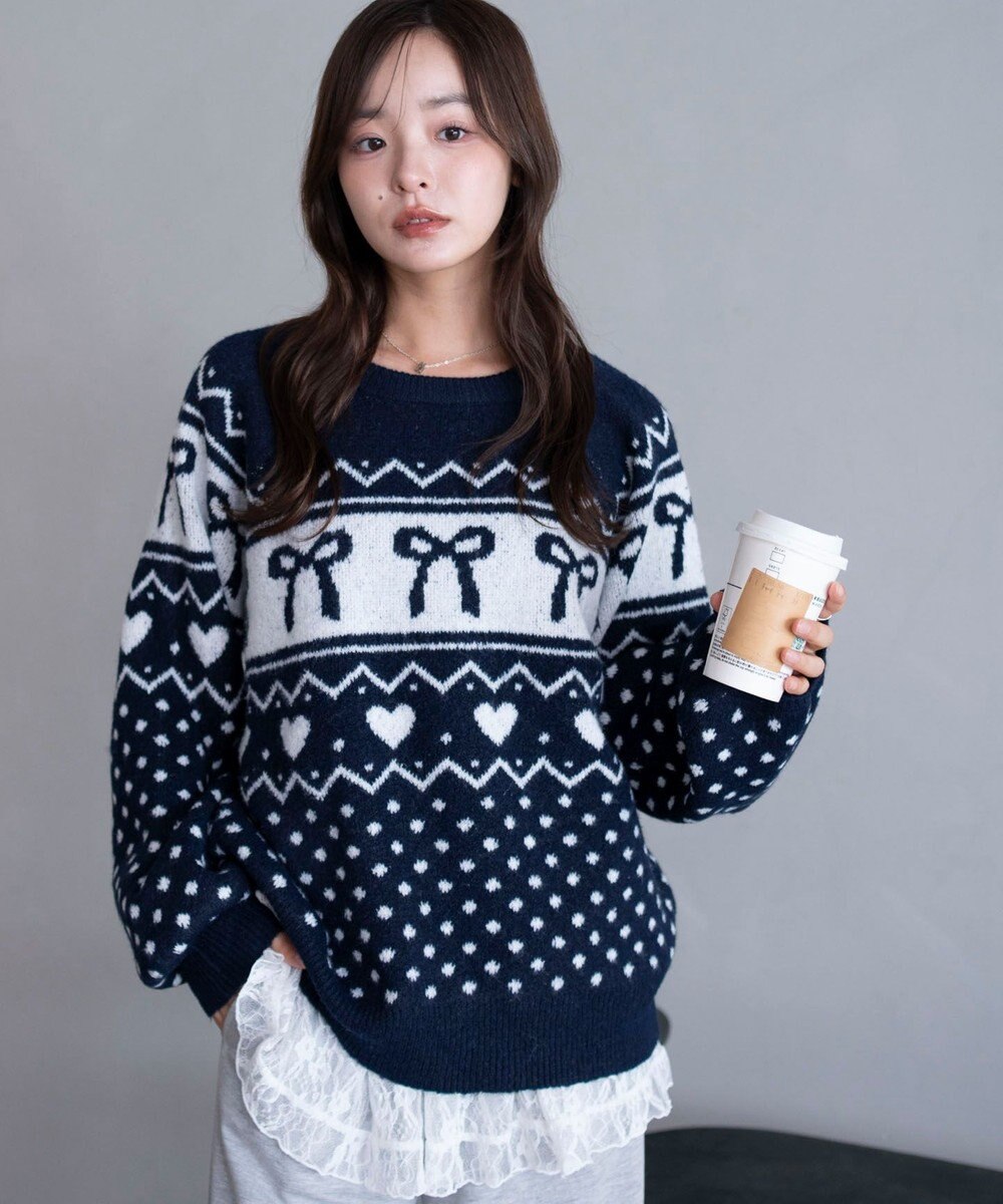 WEGO 【2025年秋冬新作】フラッフィーグラフィックニットBIGプルオーバー 