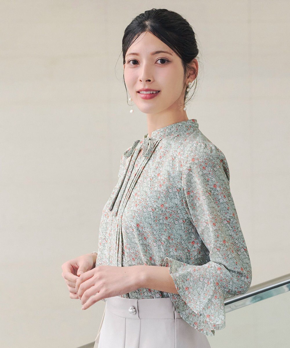 Tiaclasse 【新色追加・洗える】フレアスリーブ花柄リボンブラウス 