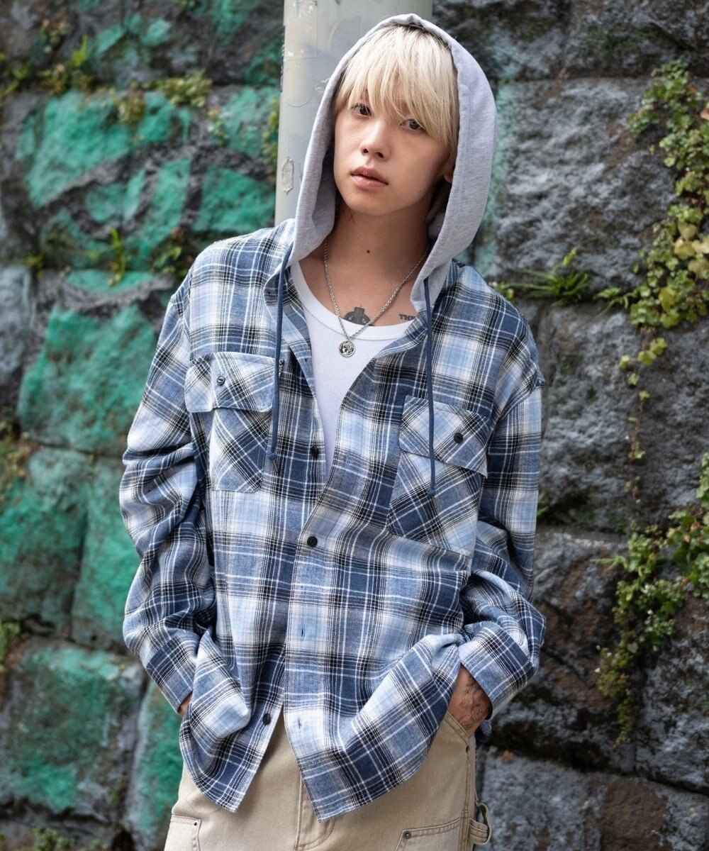 WEGO 【25年秋冬新作/ユニセックス着用ITEM/MLサイズ展開】オンブレチェックフードネルシャツ（LS） 
