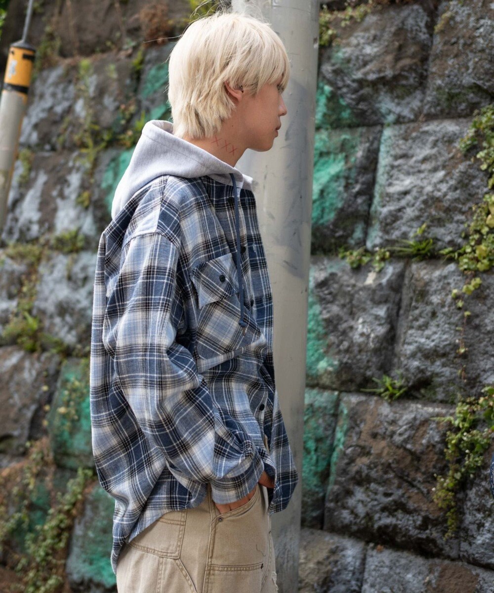 WEGO 【25年秋冬新作/ユニセックス着用ITEM/MLサイズ展開】オンブレチェックフードネルシャツ（LS） 