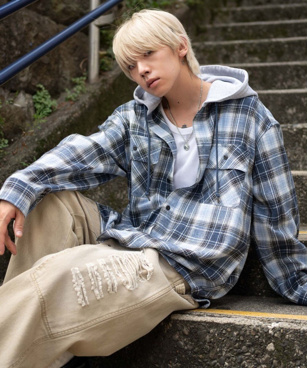 WEGO 【25年秋冬新作/ユニセックス着用ITEM/MLサイズ展開】オンブレチェックフードネルシャツ（LS） 