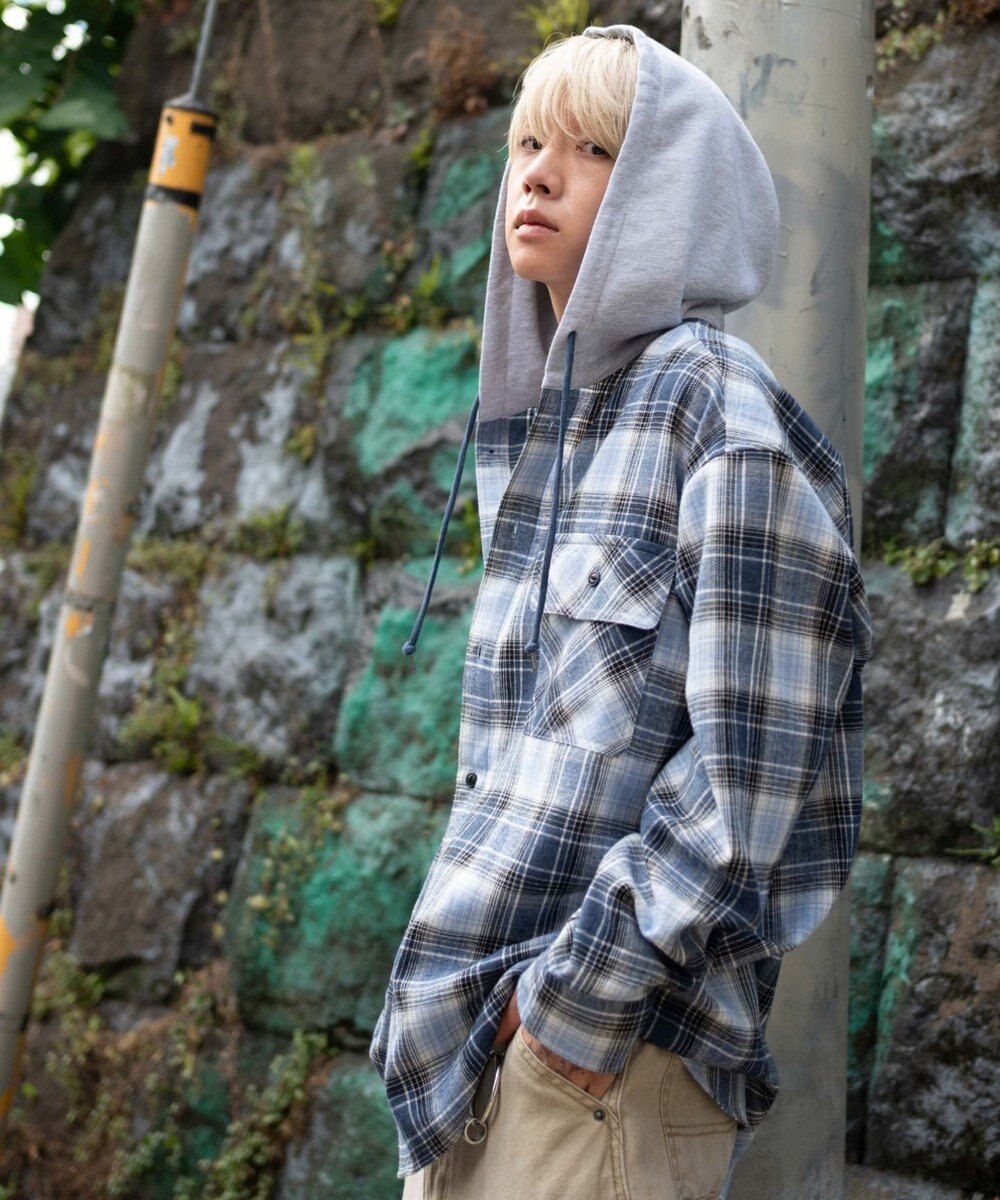 WEGO 【25年秋冬新作/ユニセックス着用ITEM/MLサイズ展開】オンブレチェックフードネルシャツ（LS） 