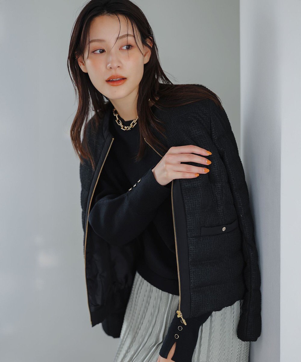 ANY SIS L 【2WAY】ツイードノーカラー ダウンジャケット 