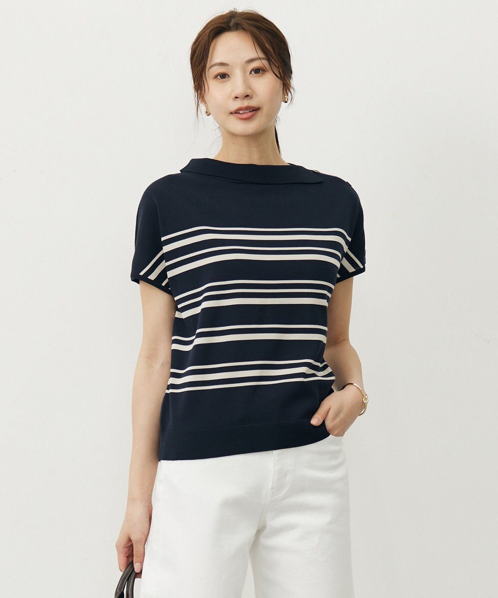J.PRESS LADIES 【WEB限定カラーあり・洗える・抗菌防臭】COTTON POLYESTER ボーダー 襟付き ニット 
