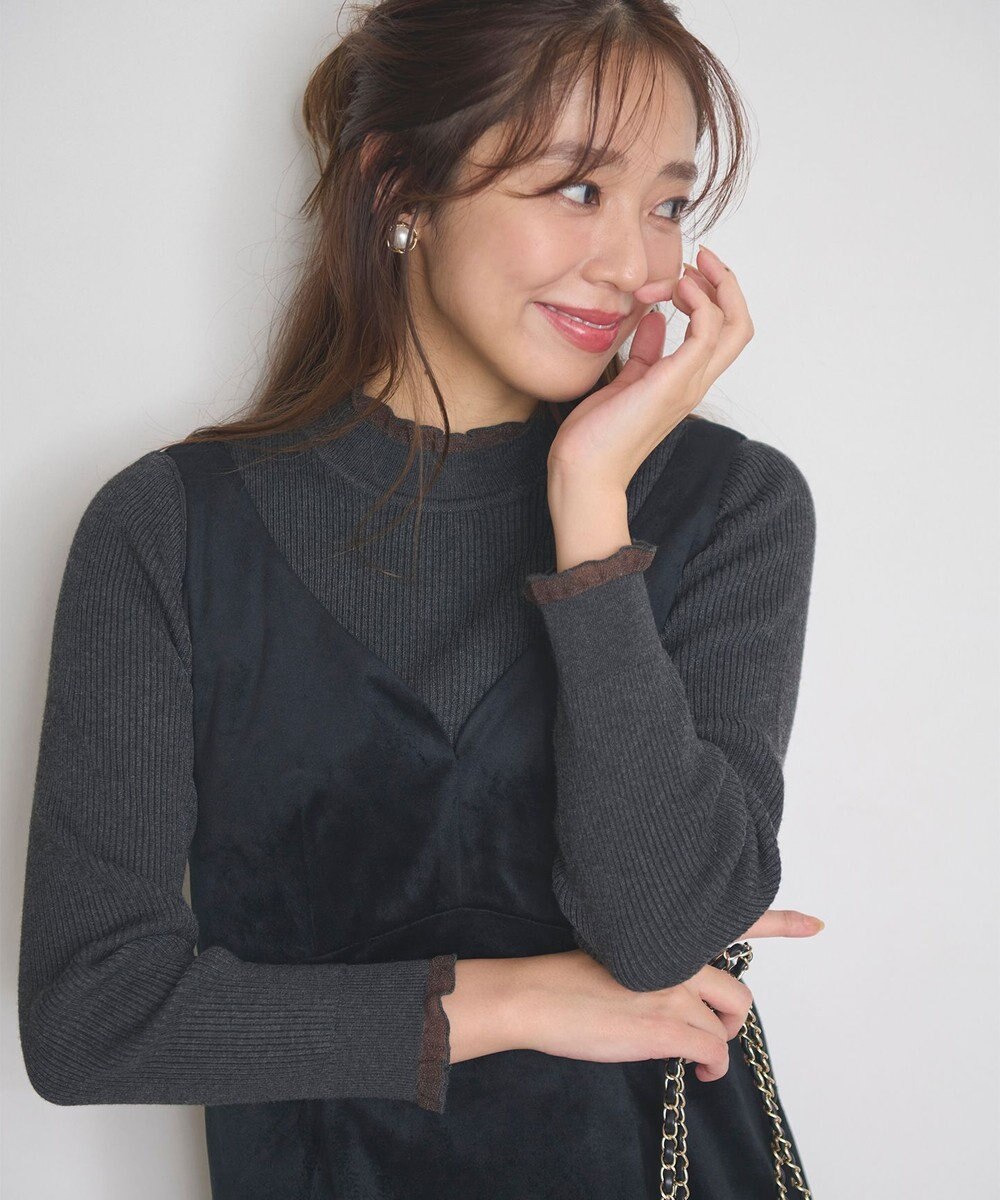 Feroux シアーフリル・ハイネックリブプルオーバー 